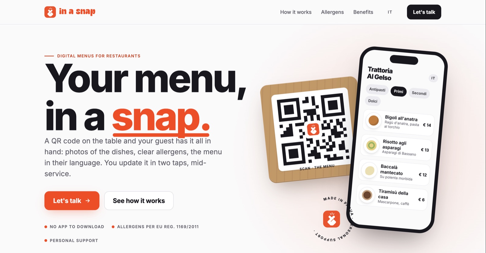 La home di inasnap.app: un menu digitale su smartphone accanto al QR code del tavolo